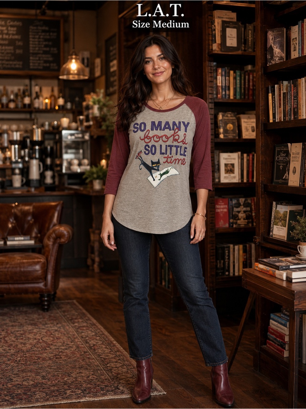 L.A.T. So Many Books So Little Time Cat Graphic Raglan Top Medium